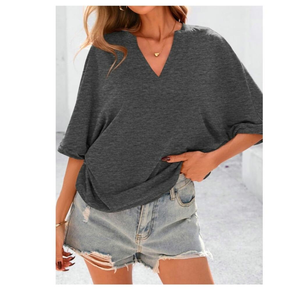 MASCOMODA Oversized Shirt Women SZ M V-Neck Short Sleeve Basic Tunic Loose Fit - Picture 4 of 8
